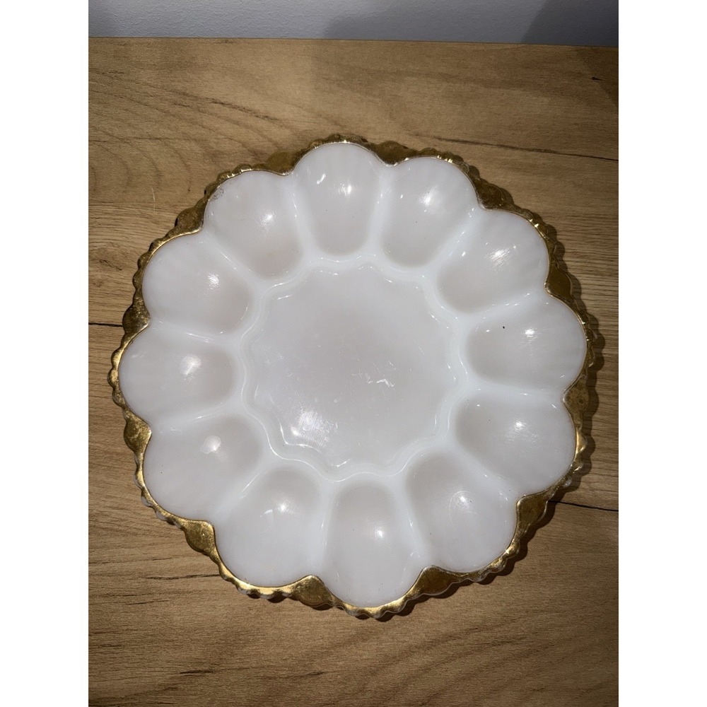 Vintage Anchor Hocking Milk Glass with gold edging egg plate Deviled Eggs 10"